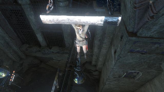 After you manage to get to this part of the planetarium, and with Lara hanging down from the beam, change camera position to see what is underneath - Rise of the Tomb Raider: Open the entrance to Kitezh, walkthrough - Path of the Deathless - Rise of the Tomb Raider Guide