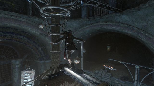 The beam keeps turning, but when you get opposite the central part of the planetarium, which is the huge wooden pole, jump over onto it and climb higher - Rise of the Tomb Raider: Open the entrance to Kitezh, walkthrough - Path of the Deathless - Rise of the Tomb Raider Guide