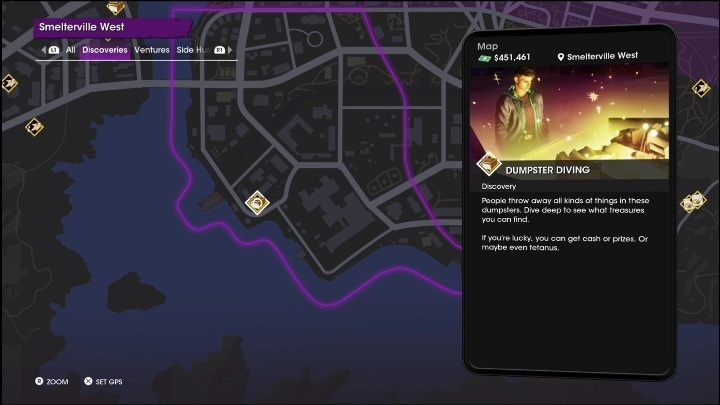 Dumpster Diving activity is located in the South-Western part of the location - Saints Row 2022: Discoveries (Smelterville West) - list and description of activity - Smelterville West - Saints Row Guide, Walkthrough