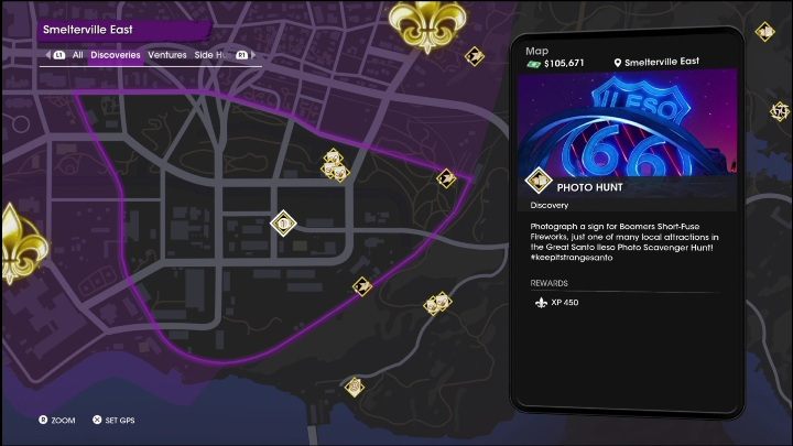 This Photo Hunt activity is located in the central part of the district, on the main road - Saints Row 2022: Discoveries (Smelterville East) - list and description of activity - Smelterville East - Saints Row Guide, Walkthrough