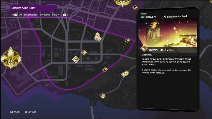 The Dumpster Diving activity is located in the central part of the location, right behind the building with large glass windows - Saints Row 2022: Discoveries (Smelterville East) - list and description of activity - Smelterville East - Saints Row Guide, Walkthrough