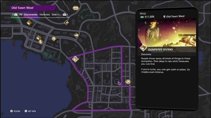 Dumpster Diving activity is located in the north-western part of the West Old Town district - Saints Row 2022: Discoveries (West Old Town) - list and activity descriptions - West Old Town - Saints Row Guide, Walkthrough