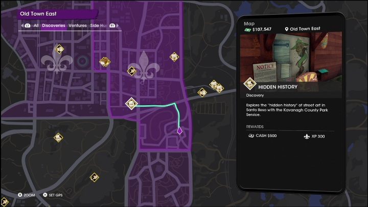 Hidden History activity is located in the western part of the East Old Town district, near the border with another district - Saints Row 2022: Discoveries (East Old Town) - list and description of activity - East Old Town - Saints Row Guide, Walkthrough