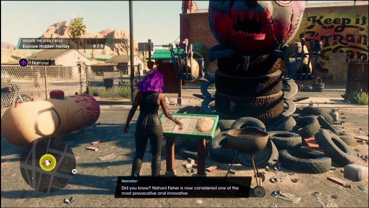 The last element is next to the tires, in the middle of the area - Saints Row 2022: Discoveries (East Old Town) - list and description of activity - East Old Town - Saints Row Guide, Walkthrough