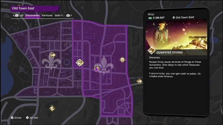 Dumpster Diving activity is located in the western part of the East Old Town district - Saints Row 2022: Discoveries (East Old Town) - list and description of activity - East Old Town - Saints Row Guide, Walkthrough