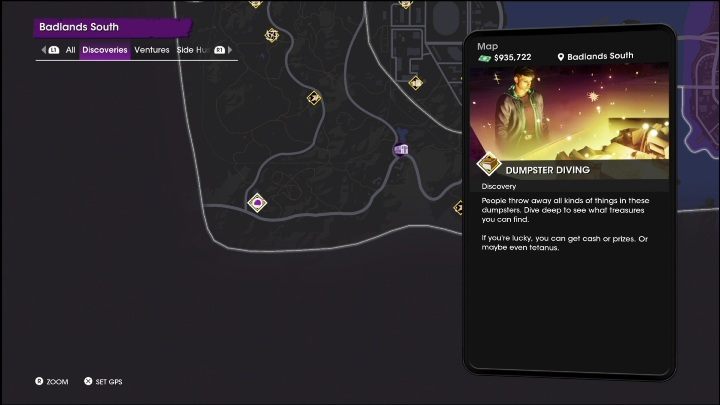 This activity is located in the south-western part of the district, at the very edge of the map - Saints Row 2022: Discoveries (Badlands South) - list and description of activity - Badlands South - Saints Row Guide, Walkthrough
