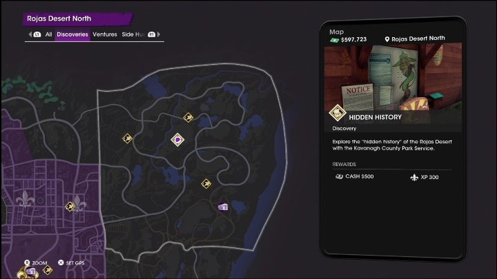 This activity is located in the central part of the location, in the canyon - Saints Row 2022: Discoveries (Rojas Desert North) - list and description of activity - Rojas Desert North - Saints Row Guide, Walkthrough