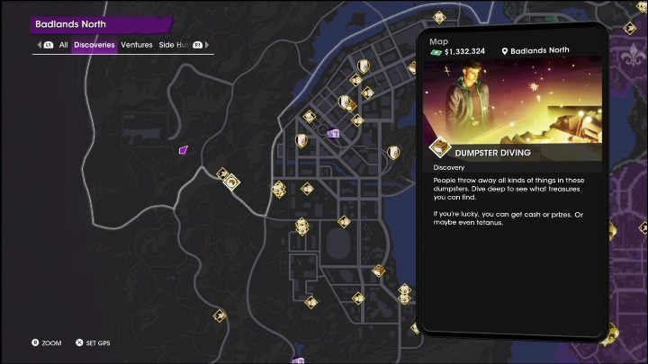 This activity is located in the southern part of the district, at the very edge of the map - Saints Row 2022: Discoveries (Badlands North) - list and description of activity - Badlands North - Saints Row Guide, Walkthrough