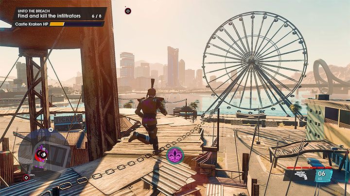 The infiltrator on top of the castle is the most difficult to find - you must get through some spinning balconies to reach him, so we recommend saving him for last - Saints Row 2022: Unto the Breach - walkthrough - Walkthrough - Saints Row Guide, Walkthrough