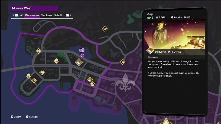 The Dumpster Diving activity is located between the buildings, in the central-eastern part of the location - Saints Row 2022: Discoveries (Marina West) - list and description of activity - Marina West - Saints Row Guide, Walkthrough