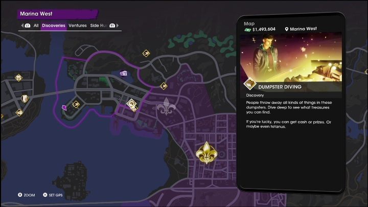 Hidden History activity is located in the south-eastern part of the location, right next to the intersection - Saints Row 2022: Discoveries (Marina West) - list and description of activity - Marina West - Saints Row Guide, Walkthrough