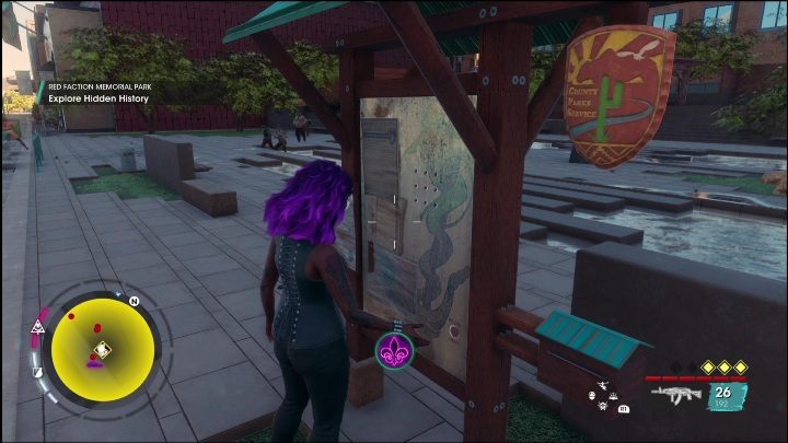 The Hidden History will begin when you click the button on the starting board, right in front of the tourist point - Saints Row 2022: Discoveries (Marina West) - list and description of activity - Marina West - Saints Row Guide, Walkthrough