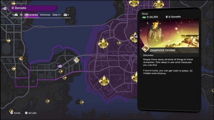Dumpster Diving activity is located in the northeastern part of the El Dorado district - Saints Row 2022: Discoveries (El Dorado) - activities list and description - El Dorado - Saints Row Guide, Walkthrough