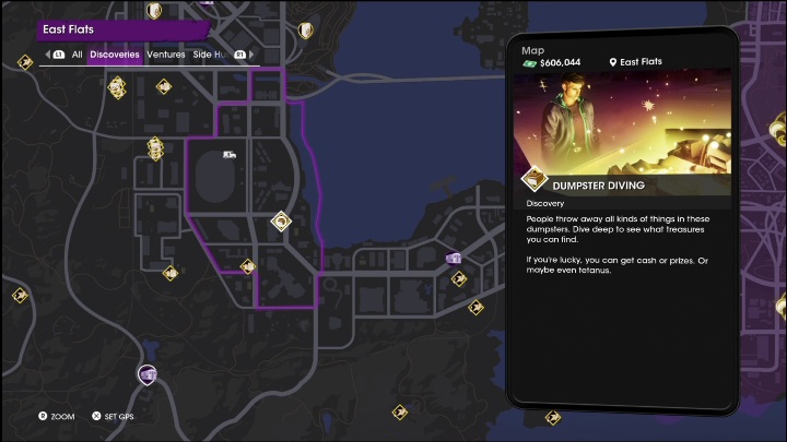 Dumpster Diving ia an activity located in the eastern part of the district - Saints Row 2022: Discoveries (East Flats) - list and descriptions of activities - East Flats - Saints Row Guide, Walkthrough