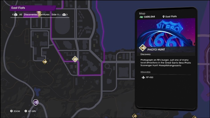 The Photo Hunt activity is located in the southwestern part of the district - Saints Row 2022: Discoveries (East Flats) - list and descriptions of activities - East Flats - Saints Row Guide, Walkthrough