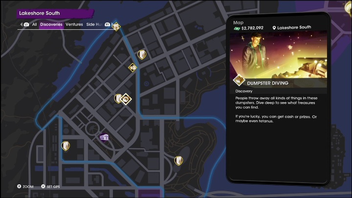 Dumpster Diving activity is located in the north-eastern part of the district - Saints Row 2022: Discoveries (Lakeshore South) - list and description of activity - Lakeshore South - Saints Row Guide, Walkthrough
