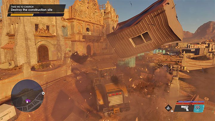 Enter the vehicle parked in front of the church - you must use it to destroy the construction site - Saints Row 2022: Take Me to Church - walkthrough - Walkthrough - Saints Row Guide, Walkthrough