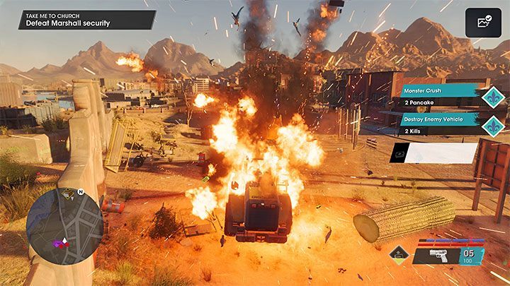 You can keep using the front loader during this encounter to run over enemies and destroy their cars, though you can also fight them on foot - Saints Row 2022: Take Me to Church - walkthrough - Walkthrough - Saints Row Guide, Walkthrough