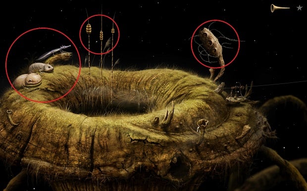Before you start rearranging the flowers on the sweet flag stalks, you must approach the edge of the section and wake up the sleeping animals - Finding glue - Shaggy Planet - Samorost 3 - Game Guide and Walkthrough