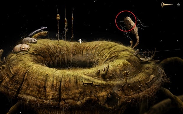 The correct order will cause the awaken animals to sing in a specific rhythm, and a fragment of the flower will fall down from the top of the plant, allowing you to continue with the objective - Finding glue - Shaggy Planet - Samorost 3 - Game Guide and Walkthrough