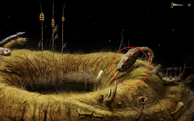 Approach the plant, press and hold the LMB on it and move your mouse in such a way, that the plant leans with the opening into the pond - Finding glue - Shaggy Planet - Samorost 3 - Game Guide and Walkthrough