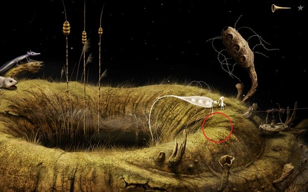 Move your character into the area marked with the red circle on the above screenshot - Finding glue - Shaggy Planet - Samorost 3 - Game Guide and Walkthrough