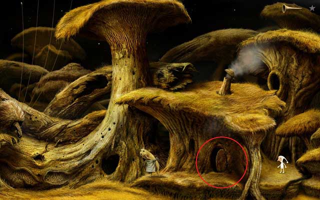 You dont have much time now, so as soon as you see the insect leaving the building, quickly get inside of it through the open door - Finding the key - Shaggy Planet - Samorost 3 - Game Guide and Walkthrough