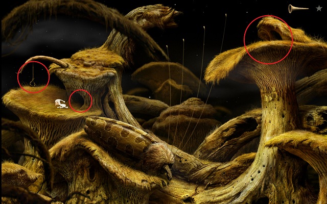 The entrance to the house will lead you to an area with the sleeping insect - Finding the key - Shaggy Planet - Samorost 3 - Game Guide and Walkthrough
