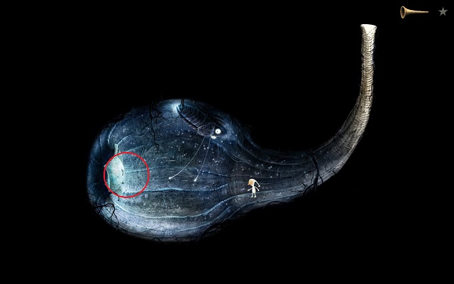 Approach the keyhole shown on the above screenshot, and, just like with the trumpet, hold the key with the LMB and drag it onto the area marked with the red circle on the above screenshot - Change the course of the Shaggy Planet - Shaggy Planet - Samorost 3 - Game Guide and Walkthrough