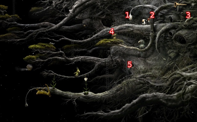 All elements of the surroundings referred to by the Mimicking Parrot, have been marked in the screenshot - Free the bee - Great log - Samorost 3 - Game Guide and Walkthrough