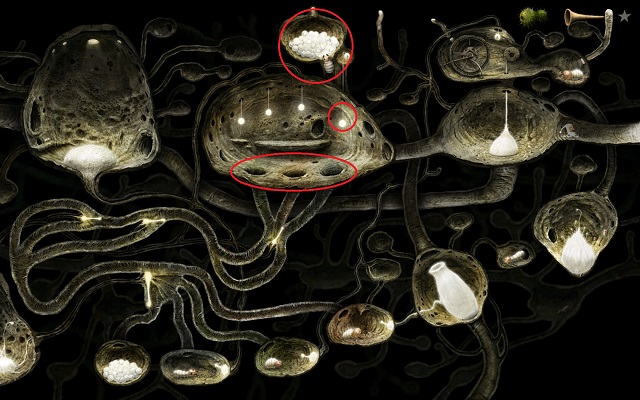 Inside the trunk, walk over to the area circled in the above screenshot - Free the bee - Great log - Samorost 3 - Game Guide and Walkthrough