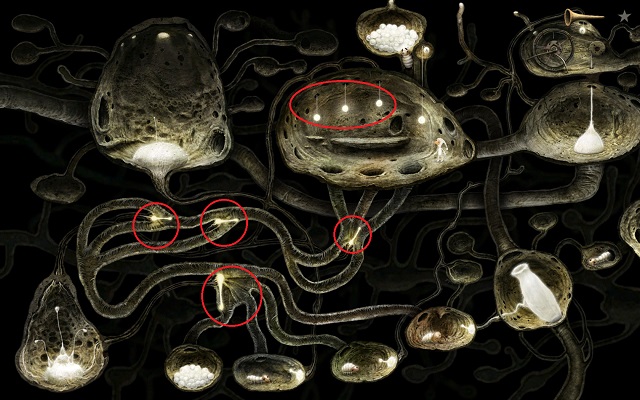to place a ball in the correct nest, you have to use the rest of the lines to set the marked barriers into correct configuration - Free the bee - Great log - Samorost 3 - Game Guide and Walkthrough