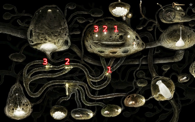 The above screenshot presents the relations between lines and individual barriers - Free the bee - Great log - Samorost 3 - Game Guide and Walkthrough