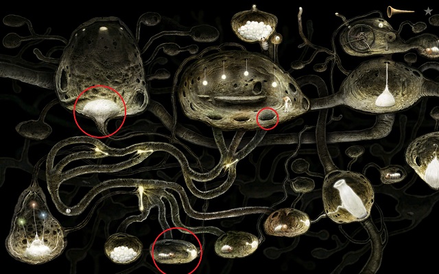 The above screenshot represents the positioning of barriers necessary to get the ball to the first animal - Free the bee - Great log - Samorost 3 - Game Guide and Walkthrough