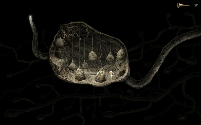 The above screenshot presents the final arrangement of the objects thanks to which the bee can leave the cave - Free the bee - Great log - Samorost 3 - Game Guide and Walkthrough