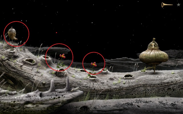 After you return to the starting location, interact with the nest marked in the above screenshot - Free the ship - Great log - Samorost 3 - Game Guide and Walkthrough