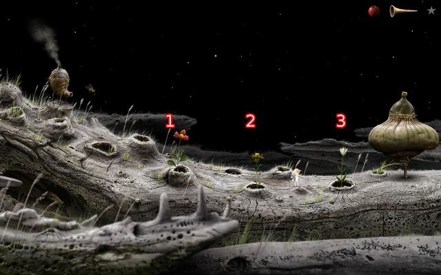 The above screenshot presents the arrangement of flowers that you are going to need to complete this task - Free the ship - Great log - Samorost 3 - Game Guide and Walkthrough