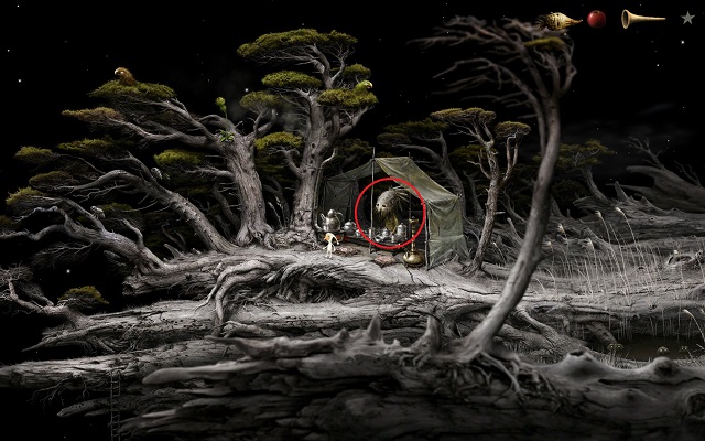 Approach the tent and drag mandragora over the character circled in the screenshot - Free the ship - Great log - Samorost 3 - Game Guide and Walkthrough