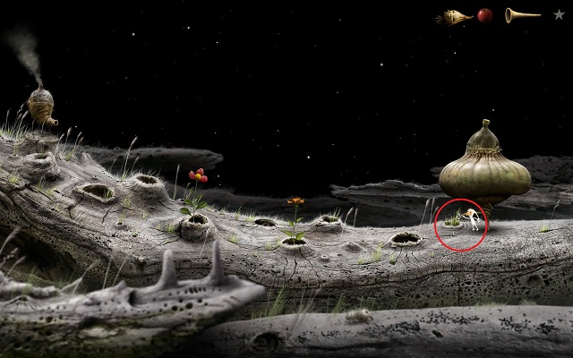 Drag the mug from your equipment over the area marked in the screenshot, making your character pour the extract onto the pesky vine - Free the ship - Great log - Samorost 3 - Game Guide and Walkthrough