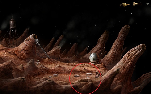Before you start the main task, note the crabs circled in the above screenshot - Start the elevator - Volcanic Vent Planet - Samorost 3 - Game Guide and Walkthrough