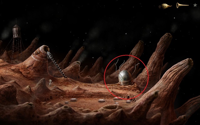 Before you continue your journey, try to use the trumpet on the circled object - Start the elevator - Volcanic Vent Planet - Samorost 3 - Game Guide and Walkthrough