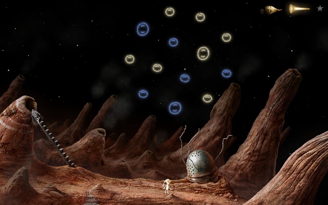 The puzzle consists in eliminating the yellow objects shown in the above screenshot - Start the elevator - Volcanic Vent Planet - Samorost 3 - Game Guide and Walkthrough