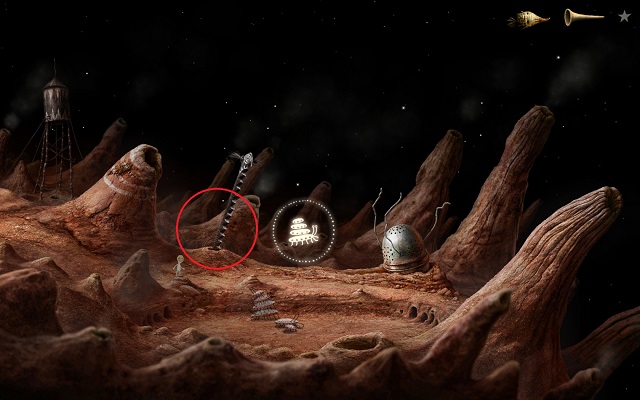 After you collect the book, note the object circled in the screenshot - Start the elevator - Volcanic Vent Planet - Samorost 3 - Game Guide and Walkthrough