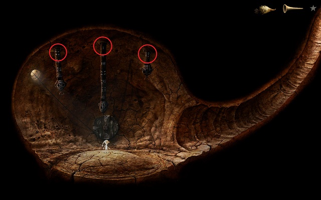 The above screenshot presents the correct arrangement of symbols to set the wheel on the cave wall into motion - Start the elevator - Volcanic Vent Planet - Samorost 3 - Game Guide and Walkthrough