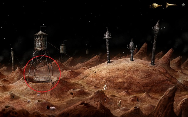 s a result of arranging the totems in the correct way, the wheel pulled up the elevator - Free the moon - Volcanic Vent Planet - Samorost 3 - Game Guide and Walkthrough