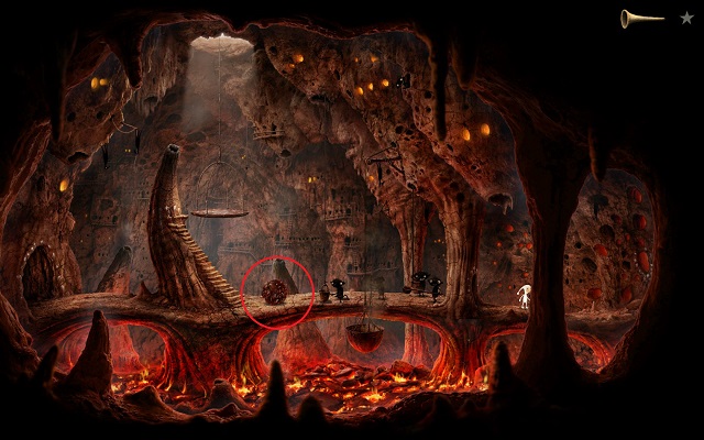 After their short performance, the pygmys take out an explosive ball out of the pot - Free the moon - Volcanic Vent Planet - Samorost 3 - Game Guide and Walkthrough