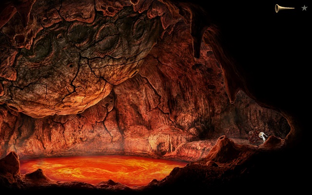 Your character will roll the ball into the next location and knock it into the lava lake - Free the moon - Volcanic Vent Planet - Samorost 3 - Game Guide and Walkthrough
