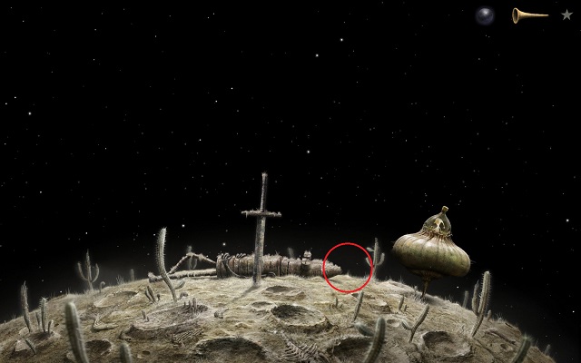Immediately after you land, you will spot a metal knight lying on the moons surface - Defeat the hydra - Monk Planet - Samorost 3 - Game Guide and Walkthrough
