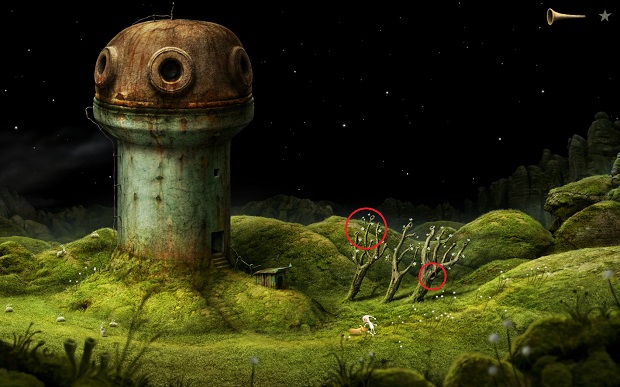 After you leave the house, you can interact with the tree to hear the pecking of the woodpecker - The game begins - Home Planet - Samorost 3 - Game Guide and Walkthrough