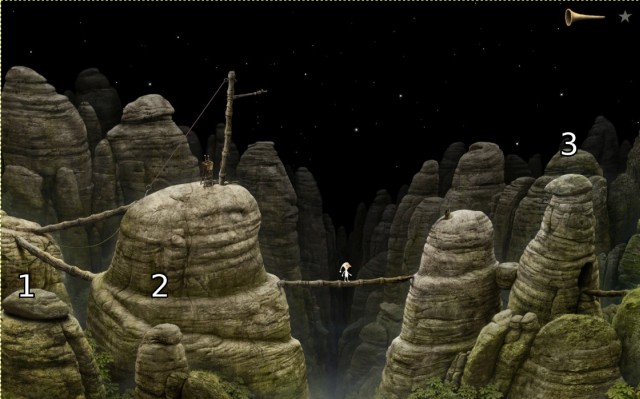 After you climb onto the makeshift bridge, note the boulders that you can move using the mouse - Cross the chasm - Home Planet - Samorost 3 - Game Guide and Walkthrough